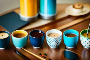 uma mesa com seis diferente colori copos do café. gerado por IA foto