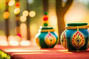 dois colorida vasos sentar em uma mesa. gerado por IA foto