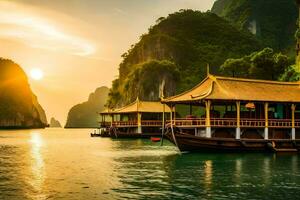 a dourado era do Halong baía. gerado por IA foto