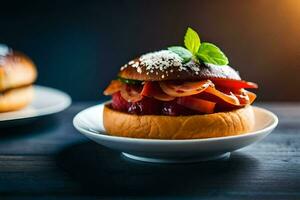 uma Hamburger com bacon e tomate em uma branco placa. gerado por IA foto