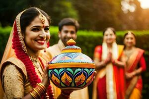 uma mulher dentro tradicional indiano vestuário segurando uma Panela. gerado por IA foto