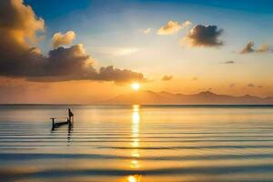 uma homem é em pé em uma barco dentro a oceano às pôr do sol. gerado por IA foto