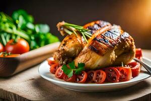 grelhado frango em uma prato com tomates e ervas. gerado por IA foto