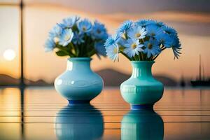 dois azul vasos com flores em uma mesa dentro frente do uma pôr do sol. gerado por IA foto