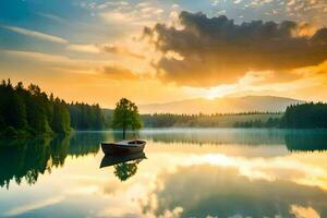 a barco é flutuando em a calma lago às pôr do sol. gerado por IA foto