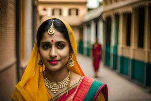 uma lindo indiano mulher dentro tradicional roupas. gerado por IA foto