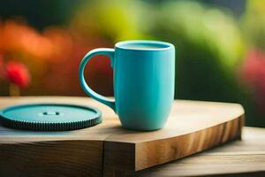 uma azul caneca em uma de madeira mesa. gerado por IA foto