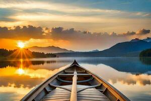 a Sol sobe sobre a montanhas dentro a fundo do uma canoa em uma lago. gerado por IA foto