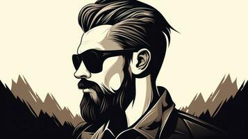 vetor ilustração do hipster homem com uma barba e oculos de sol dentro a montanhas. barbearia logotipo. foto