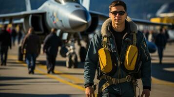 retrato do uma bonito jovem piloto homem em pé dentro frente do uma militares avião. foto