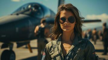 retrato do uma lindo jovem mulher dentro EUA militares uniforme e oculos de sol em a fundo do aviões. foto