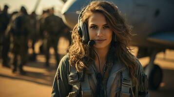 retrato do lindo jovem mulher dentro militares uniforme com fones de ouvido às a aeroporto. foto