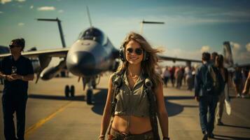 lindo jovem mulher dentro oculos de sol olhando às Câmera e sorridente enquanto em pé dentro frente do avião. foto