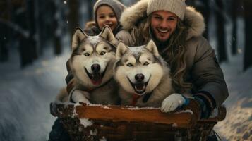 retrato do uma feliz família equitação dentro neve floresta com siberian rouco cachorro. foto