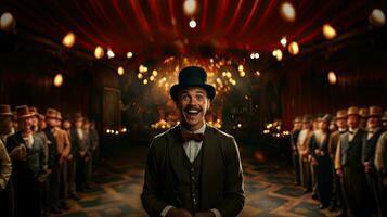 alegre homem dentro jogador chapéu em pé dentro velho quarto com luzes. foto