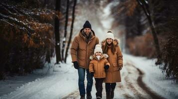 feliz família caminhando dentro inverno floresta. pai, mãe e filha. foto