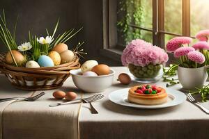 uma mesa com uma cesta do ovos, uma bolo e flores gerado por IA foto