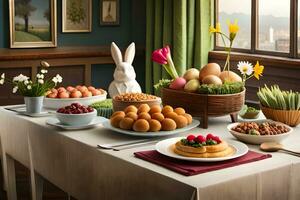 uma mesa com uma toalha de mesa, flores, e ovos. gerado por IA foto