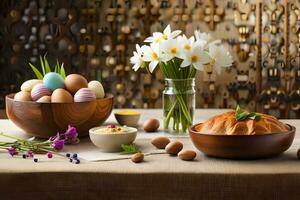 Páscoa ovos, pão e flores em uma mesa. gerado por IA foto