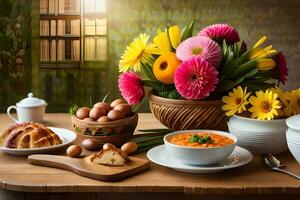 uma mesa com uma cesta do flores, ovos, e pão. gerado por IA foto