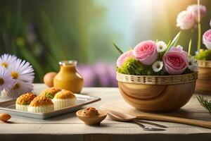 uma mesa com flores e Comida em isto. gerado por IA foto