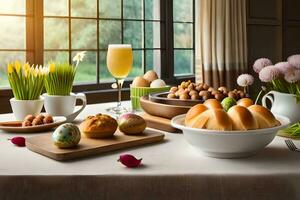 uma mesa com ovos, pão, e de outros Comida. gerado por IA foto