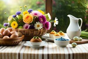 uma mesa com ovos, flores e uma cesta do flores gerado por IA foto