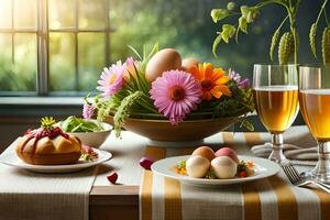 Páscoa jantar com flores e ovos. gerado por IA foto