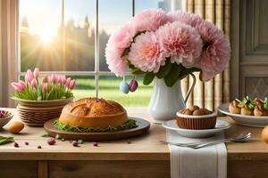uma mesa com uma bolo, flores e de outros Comida. gerado por IA foto