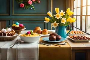 uma mesa com uma vaso do flores e uma tigela do ovos. gerado por IA foto