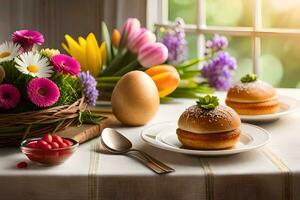 uma mesa com dois ovos, uma cesta com flores e uma copo do café. gerado por IA foto