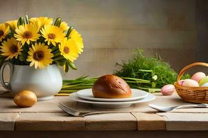 uma mesa com uma vaso do flores, uma prato com ovos e uma faca. gerado por IA foto