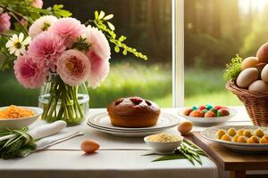 uma mesa com ovos, pão, e flores gerado por IA foto