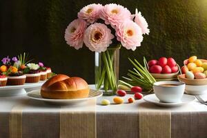 uma mesa com flores, bolos e de outros Comida. gerado por IA foto