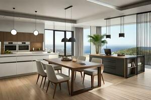 uma moderno cozinha com uma jantar mesa e cadeiras. gerado por IA foto