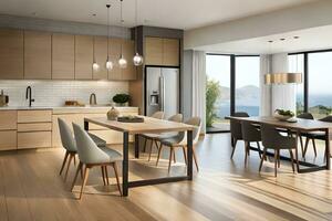uma moderno cozinha com de madeira pavimentos e uma jantar mesa. gerado por IA foto