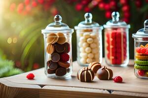 vários chocolates dentro vidro frascos em uma mesa. gerado por IA foto