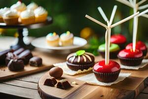 chocolate e bolos de copo em de madeira mesa com de madeira Gravetos. gerado por IA foto