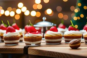 de várias bolos de copo com morangos e açoitado creme. gerado por IA foto