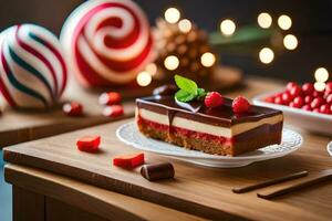 uma sobremesa com chocolate e framboesas em uma mesa. gerado por IA foto