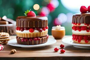 três bolos com chocolate geada e bagas. gerado por IA foto