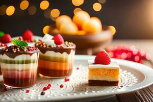 Natal sobremesa com fruta e chocolate em uma placa. gerado por IA foto