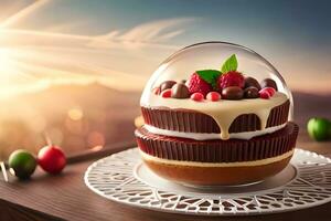 uma bolo com chocolate e framboesas em topo. gerado por IA foto