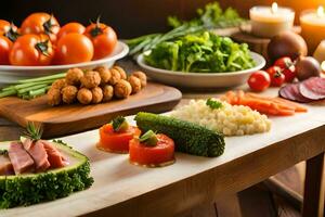 uma mesa com vários tipos do Comida em isto. gerado por IA foto