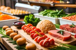 uma bufê com carne, legumes e de outros Comida. gerado por IA foto