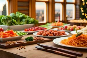 uma mesa com vários tipos do Comida em isto. gerado por IA foto