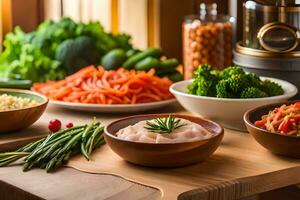 uma mesa com taças do Comida e legumes. gerado por IA foto