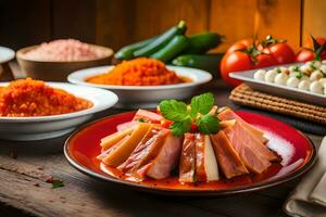 uma mesa com vários pratos do Comida. gerado por IA foto