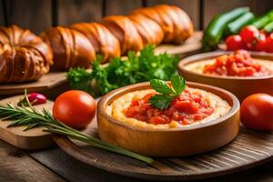 Pão Pita pão com Húmus e tomates em de madeira mesa. gerado por IA foto