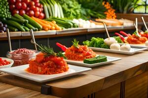 uma bufê com muitos diferente tipos do Comida. gerado por IA foto